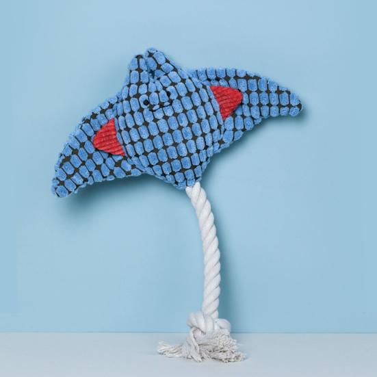 Plush Manta Ray Dog Chew Toy with Cotton Rope Squeaky Stuffed Sea Animal Plushie Boredom Reduction Dog Teething Interactive Toy