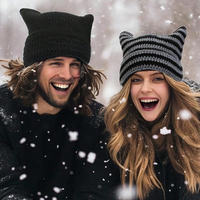 1 шт. Унисекс Шапка-бини с милыми полосатыми кошачьими ушками ручной вязки, Осенне-зимняя теплая шапка с полосками, защищающая уши, уличная хип-хоп парная шапка