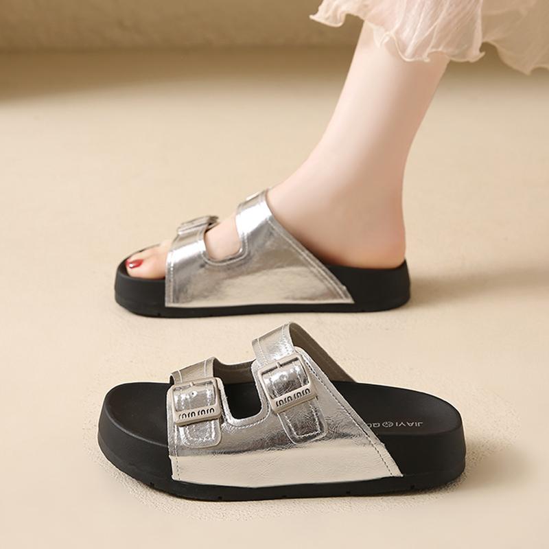 CRLAYDK Sandals for Women Adjustable Double Buckle Slip On Suede Leather Arch Support Slides Ladies Footwear Flat Beach Slippers