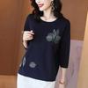 Cotton Leaf Pattern Embroidery T-Shirt O-Neck Three Quarter Sleeve Tshirts Women's Autumn Loose Fit Top