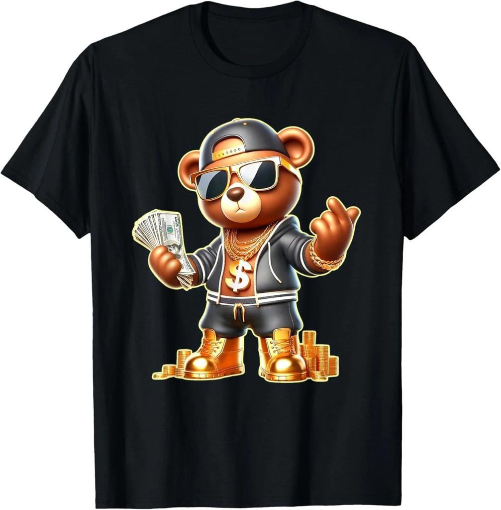 Golden Teddy Bear Money Stacks Golden Chain Gangsta T- Shirt
