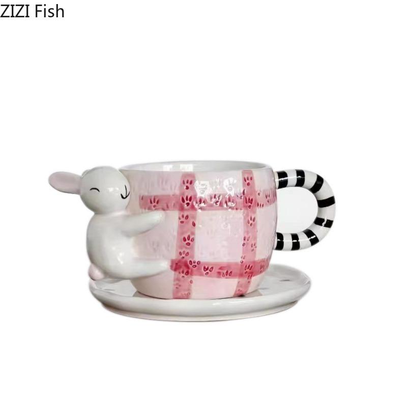 BR450ml Ceramic Hand-painted Coffee Cup Set Japanese Cute Hug Rabbit Three-dimensional Cup with Dish Children's Beverage Water CupEY