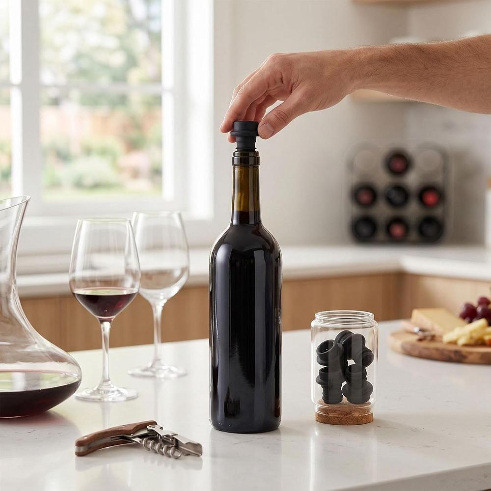 8pcs Silicone Silicone Wine Stoppers Black Freshness Preservation Stoppers Sparkling Champagne