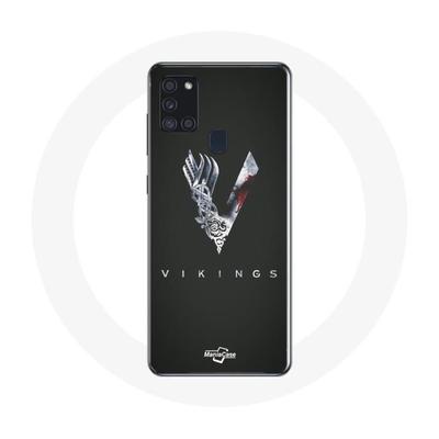 Coque Pour Samsung Galaxy A21S Vikings Série Saison 6 Logo V Epée Gris Fond Noir
