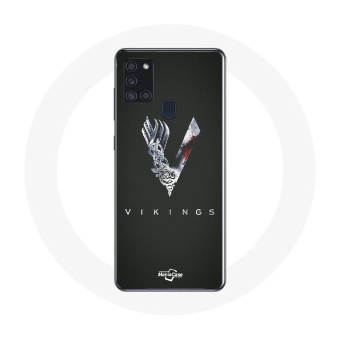 Coque pour Samsung Galaxy A21S Vikings Série Saison 6 logo V Epée Gris Fond Noir