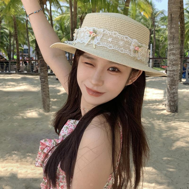 French Lace Bow Strap Straw Hat Women's Spring and Summer Vacation On The Beach and Travel On A Large Brim Sun Protection Flat Top Straw Hat
