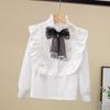 Весна и осень с длинными рукавами из чистого хлопка для девочек, белая рубашка с воротником-стойкой, кружевная защита от солнца, студенческая версия