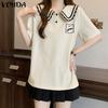Women Doll Collar Short Sleeve Stitching Print College Style Blouse