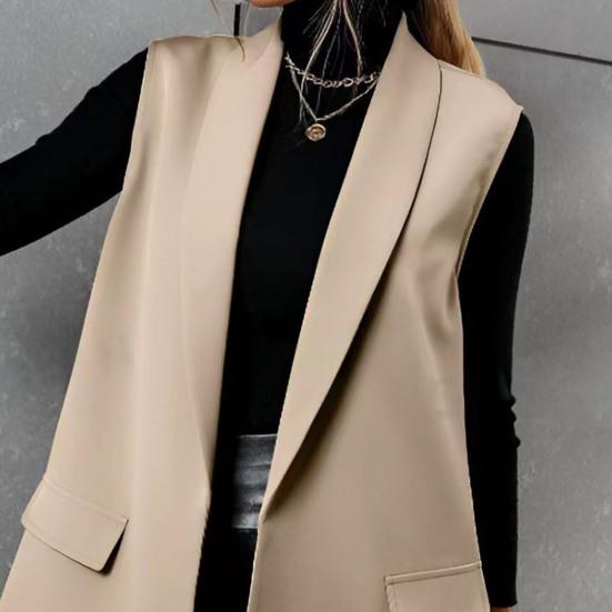 Женский жилет с лацканами, без рукавов, с клапанами, карманами, средней длины, пиджак, однотонный, открытый спереди, деловой, рабочий