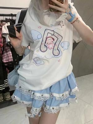 Летние милые футболки Kawaii для женщин, японская мода, уличная одежда Harajuku, мультяшный принт, свободные футболки, топы, мягкие, для девочек, Y2k