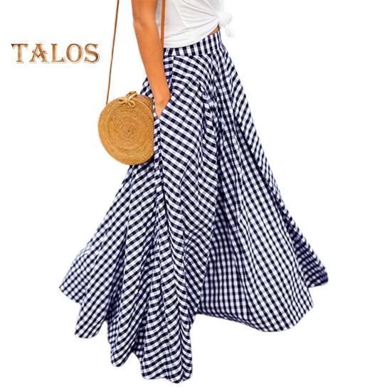 Женская юбка-макси с эластичной высокой талией и клетчатым принтом, юбка-трапеция с карманами, большой подол, ретро-юбка, уличная одежда