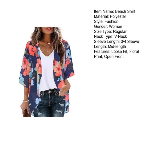 Women Beach Shirt 45720 Sleeve Mid-length Sunscreen Tops Floral Print Breathable Loose Fit Beach Shawl