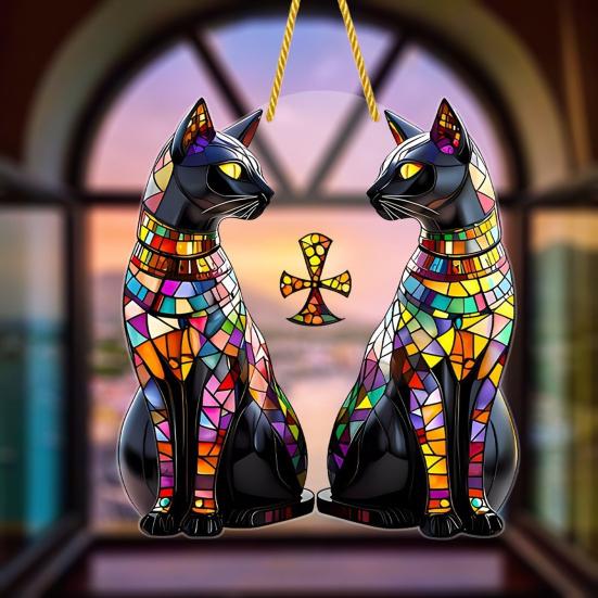 Black Cat Sun Catcher 2D Acrylic Hanging Decoration Stained Glass Style Multicolor Cat Decoration for Room Window Balcony