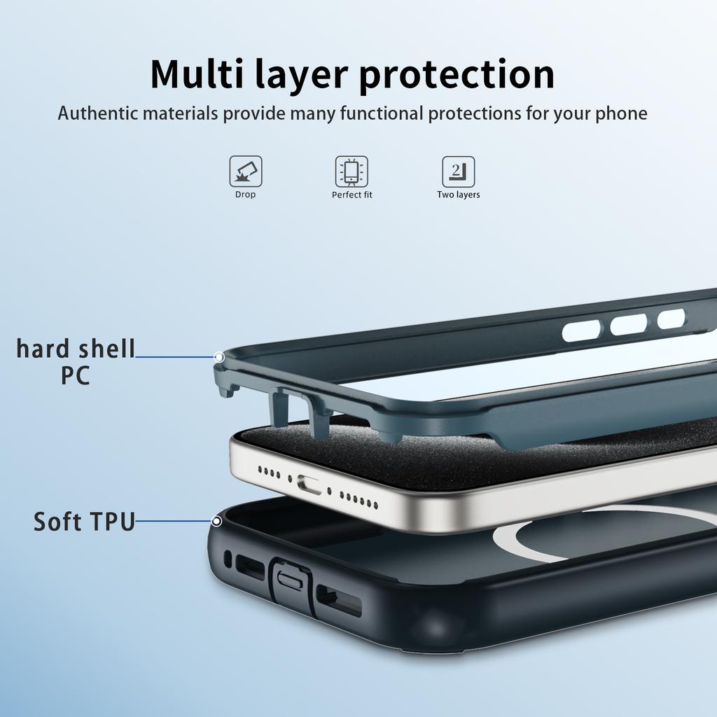 For iPhone 15 Pro Max Case Compatible with MagSafe Lens Frame Kickstand TPU+PC Shockproof Phone Cover