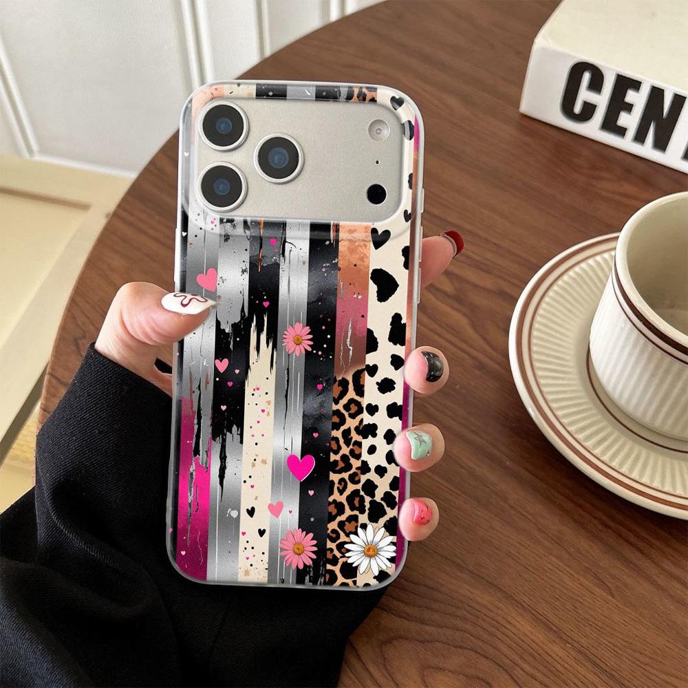 Чехол для телефона iPhone 17 17Air 16 15 14 13 12 11 Pro Max Цветок Любовь Леопардовая полоска Прозрачная рамка Силиконовый Мягкий чехол Funda