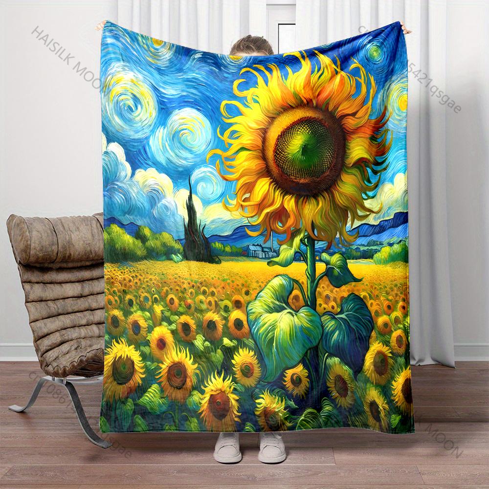 Bright Sunflower and Swirling Sky Pattern Blanket Flannel Material Soft Warm for All Seasons, Home Outdoor Camping Picnics RV