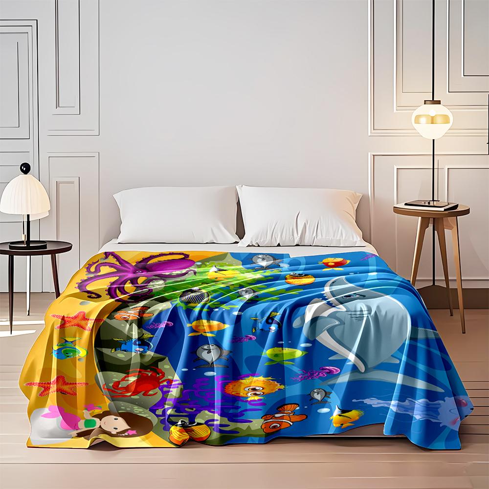 Colorful Ocean Scene with Shark and Sea Creatures Flannel blanket for bedroom, living room, sofa, and nap sofas.