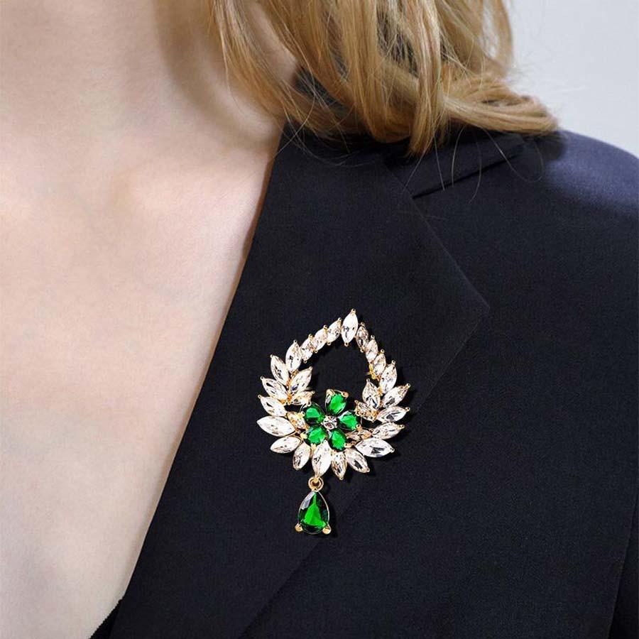 Temperament Green Water Drop Fringed Brooch High-End Gift Hollow Flower Pin Niche Ins Brooch Collar Pin Accessories