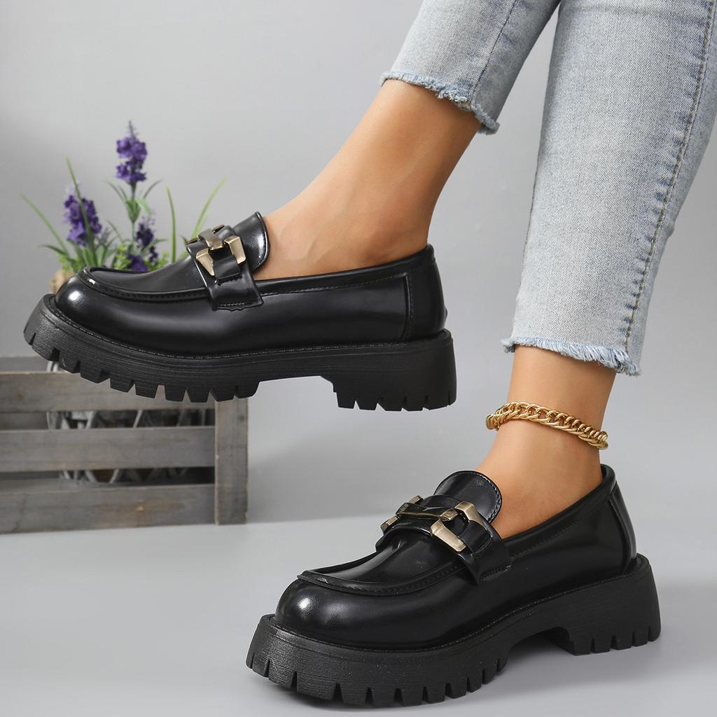 Female Shoes Women Fashion Mary Janes Round Toe Flats Loafers Oxfords Platform Casual Metal Chain Buckle Ladies Heels Black