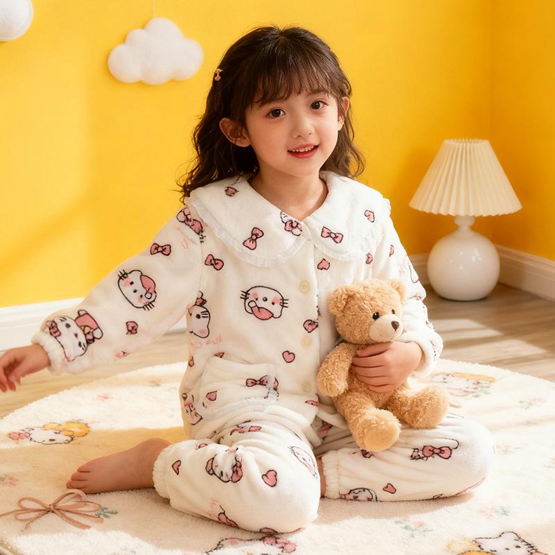 Kids Flannel Pajamas Set Boys Girls Warm Long Sleeve Top And Pants Sleepwear Winter Home Nightwear