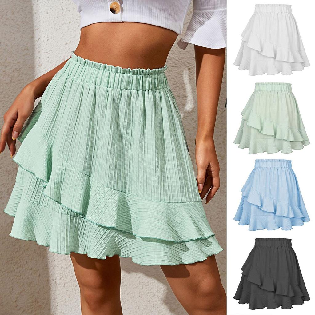 Women's Summer High Waist Ruffle Skirt Cute Flowy Skirt Casual Comfort Wrap Beach Pleated Skirt