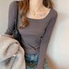 Women's Spring and Autumn Threaded Square Neck Bottom Shirt Long Sleeve Top