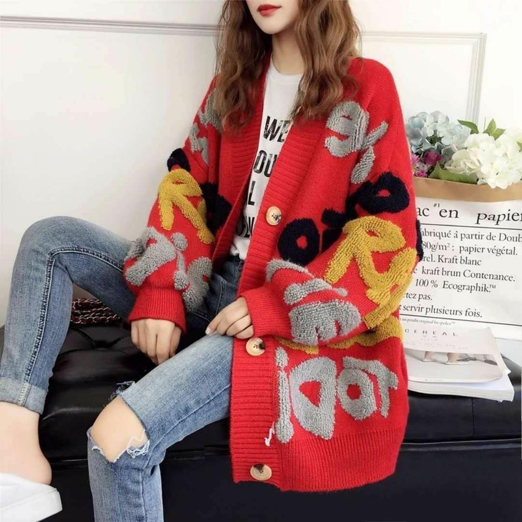 Autumn and Winter Women's Sweater Jacket Plus Size Lazy Wind Letters V-neck Medium-length Jacquard Knitted Cardigan