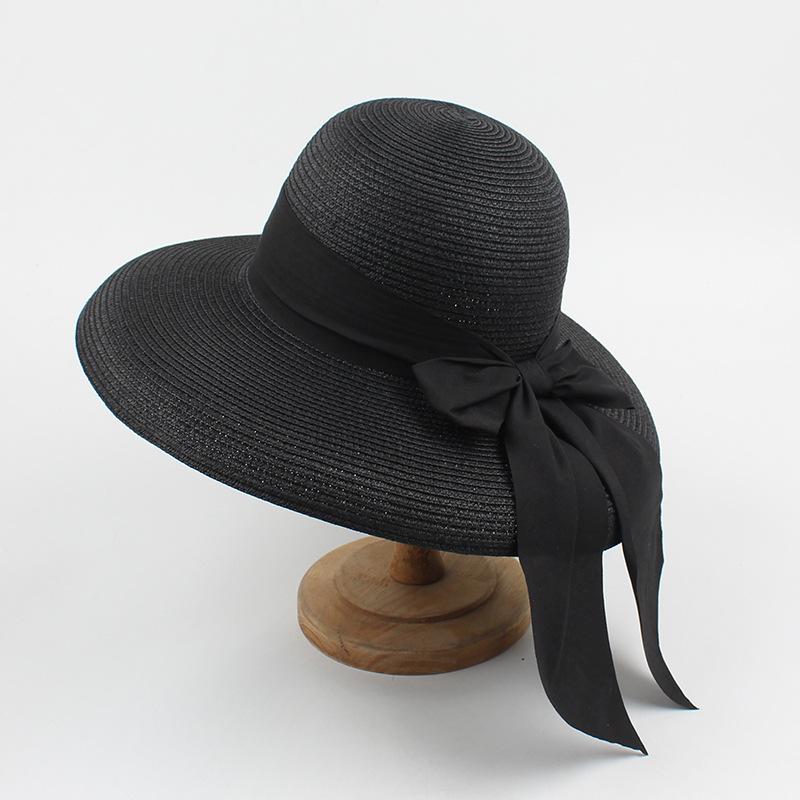 Straw hat women's summer retro fashion bow sunscreen visor seaside vacation foldable big eaves hat