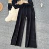 Spring Autumn Oil Painting Print Knitted Sweater Trouser Two Piece Set Women Pullover Tops and Wide Leg Pants Tracksuit