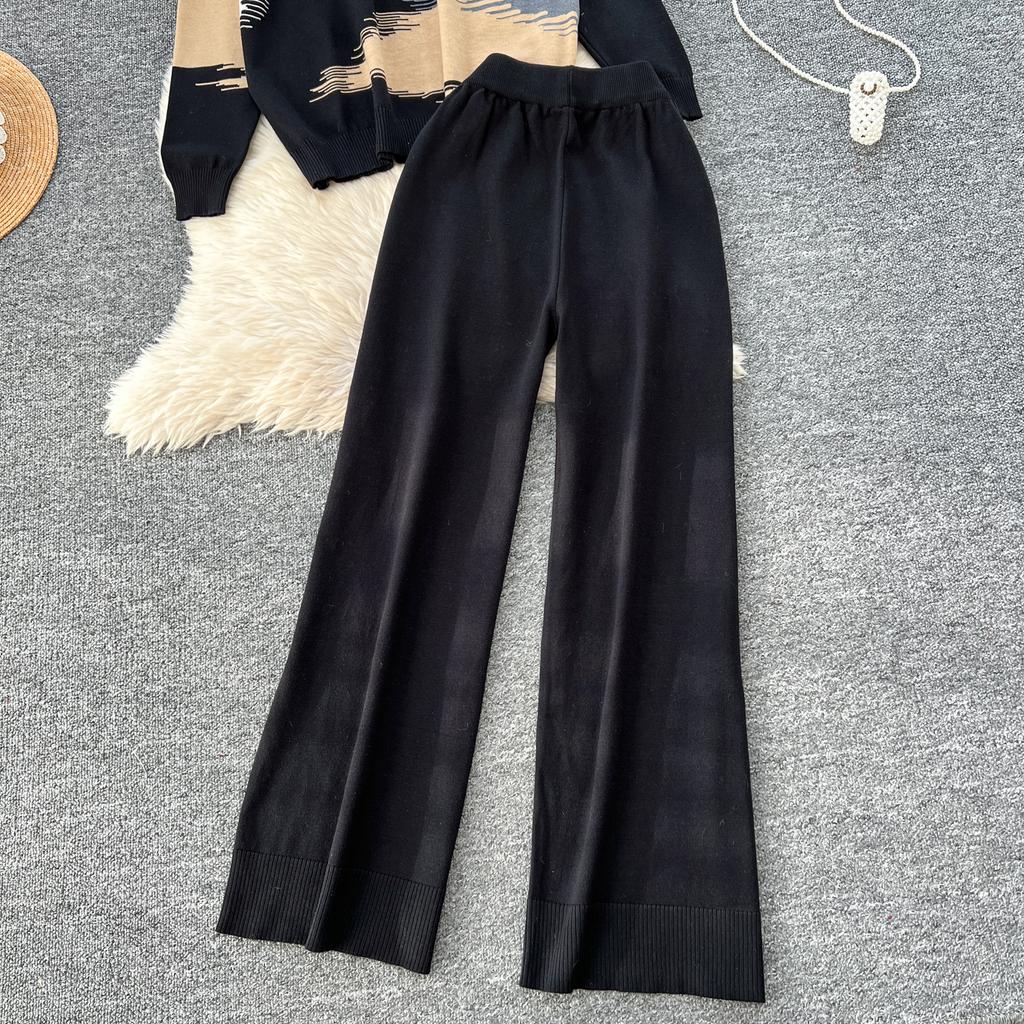 Spring Autumn Oil Painting Print Knitted Sweater Trouser Two Piece Set Women Pullover Tops and Wide Leg Pants Tracksuit