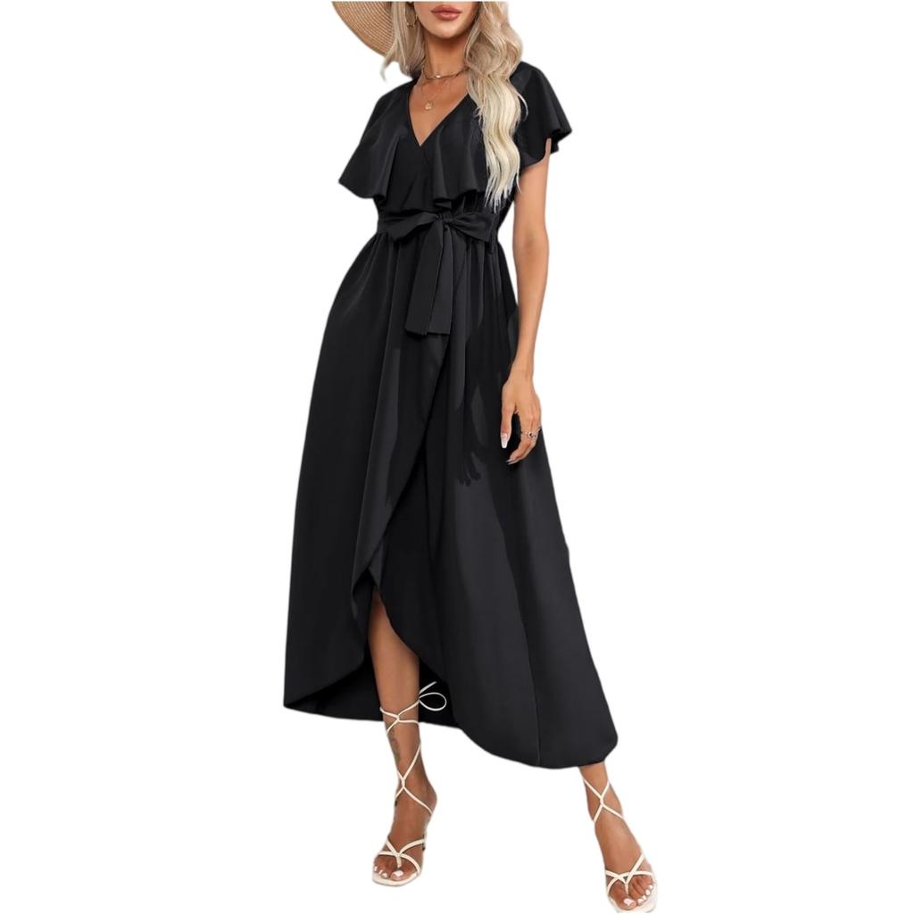 Women's Summer Ruffle V-neck Dress Casual Bohemian Style Slit Hem Beach Maxi Dress Dress