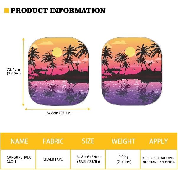 Coldinair Sunset Front Windshield Shade 2Pcs Sunshade For Car Windshield Folding Car Accessories For Truck SUV Sun Visor Protector, Tropical Palm