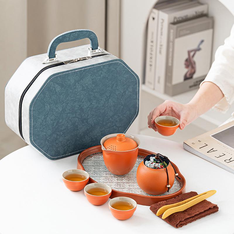 Coarse pottery portable travel tea set high-end one pot four cups business outdoor portable storage bag business office
