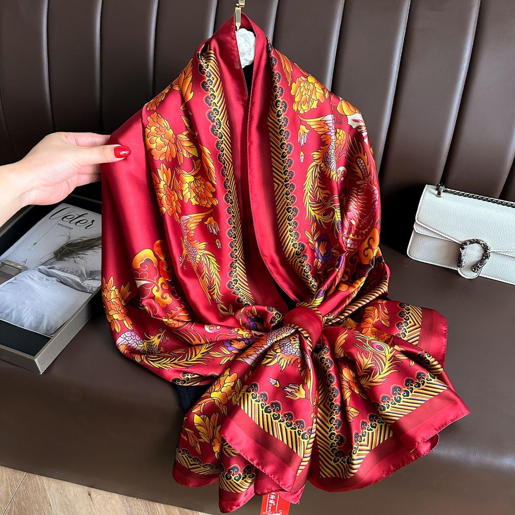 Long Silk Scarf Spring and Summer Thin Style Printed Scarf Beautiful Brocade Lotus Shawl Imitation Silk Scarf Gauze Scarf