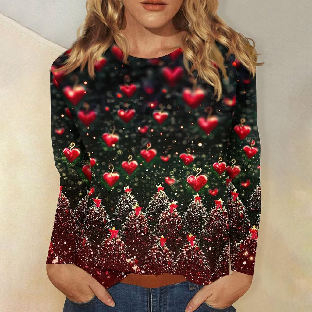 Женская мода повседневный рождественский принт круглый вырез длинный рукав пуловер топ
