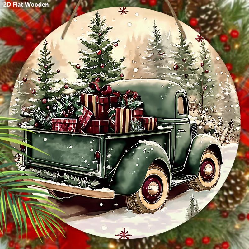 Рождественская деревянная табличка с рисунком винтажного пикапа, теплая зимняя круглая табличка для декора на входную дверь или стену, идеальное рождественское украшение