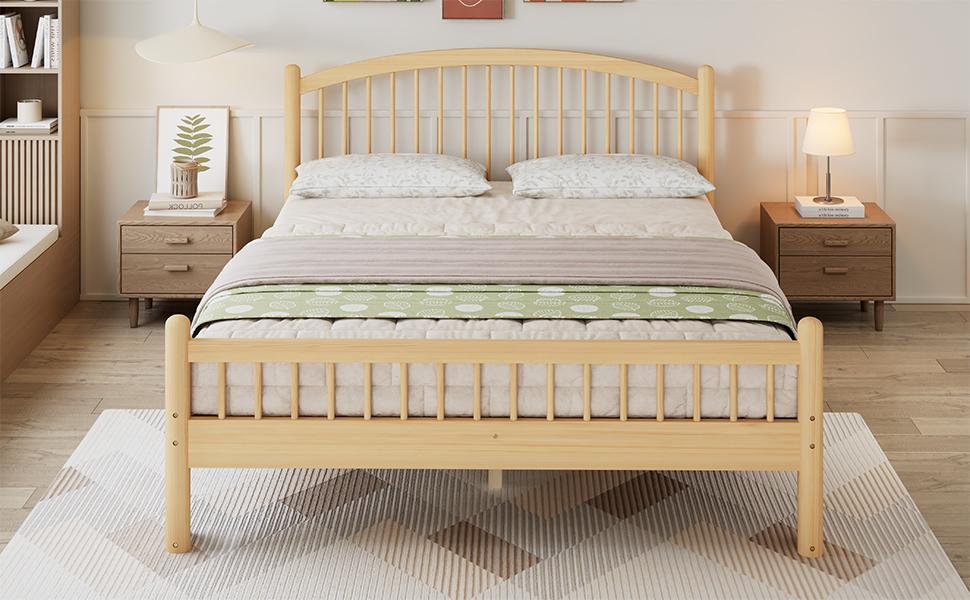 Solid Wood Bed, Simple Minimalist Design, Classic Grid Headboard, Stable Slatted Frame, Universal Single Bed, Natural, 140x200cm