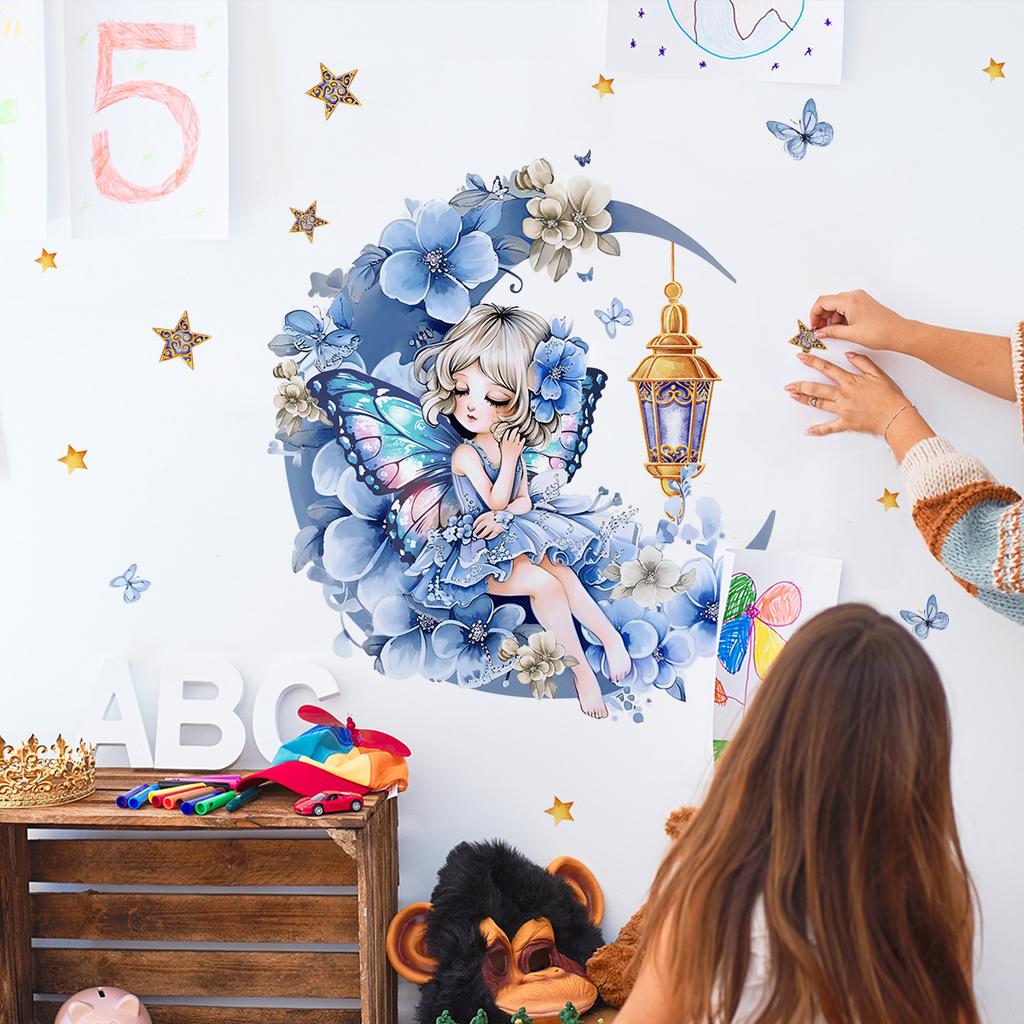 Наклейки на стену Фея цветов Лунная бабочка для комнаты девочки, спальни, украшение дома, арт-наклейки