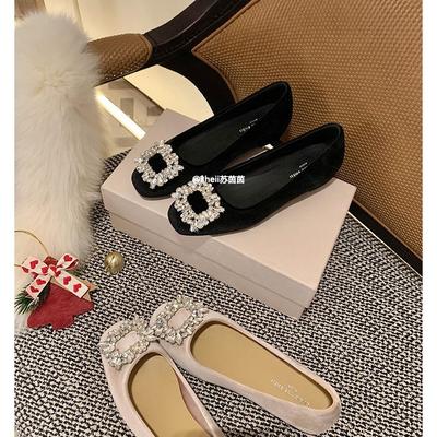 [Су Иньинь в том же стиле] Новогодний ужин~ туфли-лодочки из бархата на плоской подошве с квадратной пряжкой с бриллиантами, женские туфли для работы