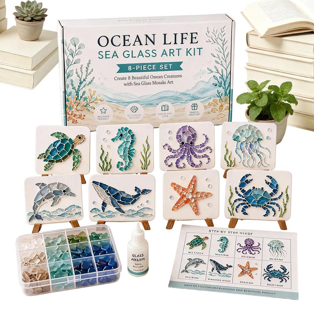 Coastal Sea Glass Mosaic DIY Craft Kit, Marine Life Ocean Animal Art Making Supplies, Stress Relief Handmade Hobby Gift