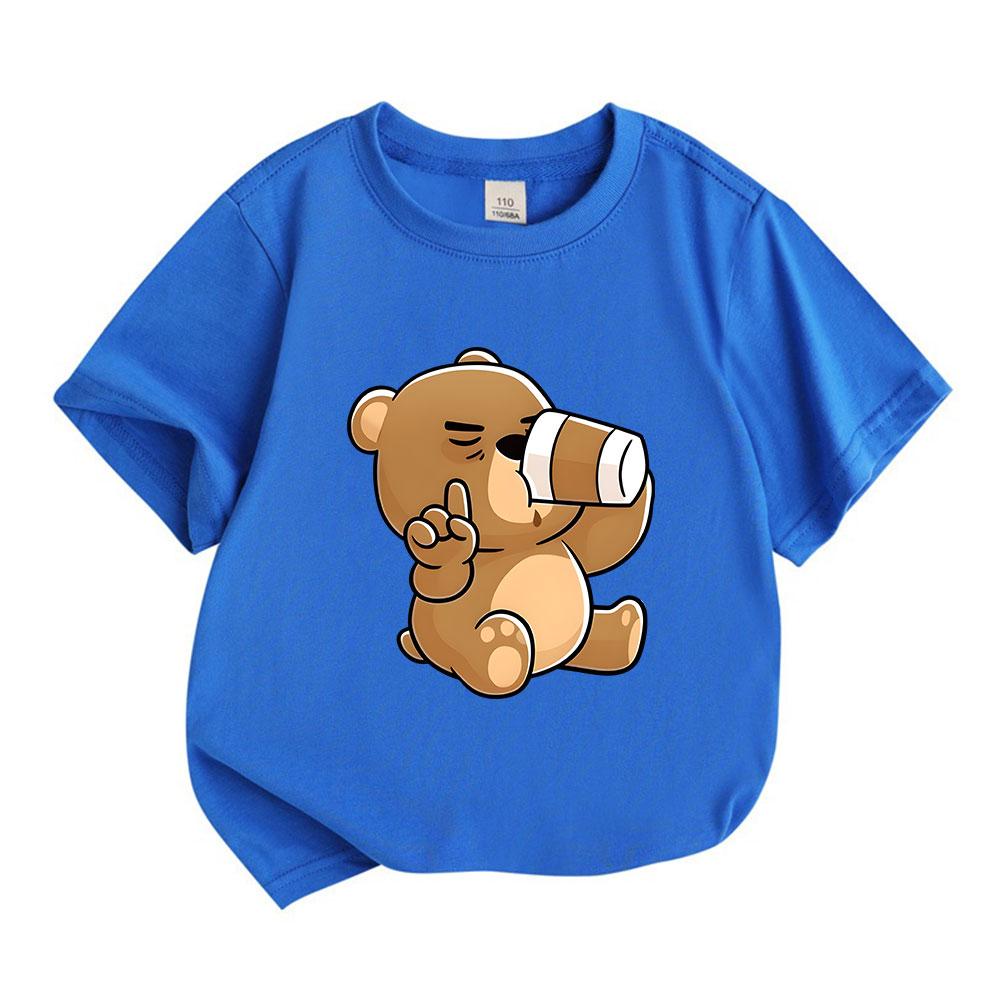 Cute Cartoon Bear Telescope Print Kids 100% Cotton T-shirt, Unisex Boys Girls Crew Neck Short Sleeve Casual Soft Breathable Tee Tops for Daily Summer