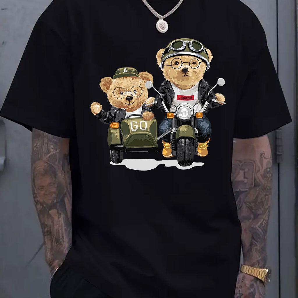 Летние мужские футболки из 100% хлопка, модные, повседневные, спортивные, свободного кроя, с принтом мультяшного медведя, с круглым вырезом и короткими рукавами