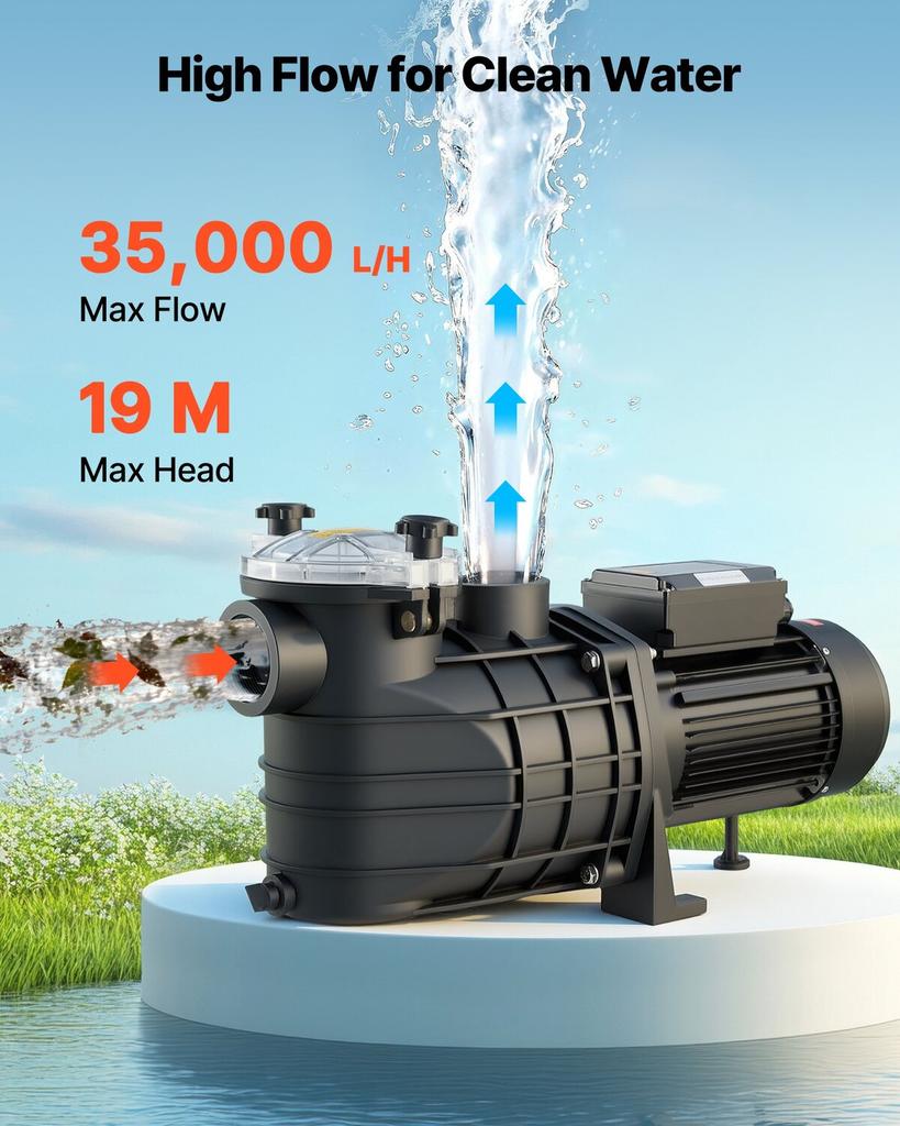 Pool Pump, 3000W, 35,000 L/H Max Flow Single Speed Swimming Pool Pump, AC 220-240V, 2860 RPM, 19 m Max Head, with 24-Hour Timer & Filter Basket, for