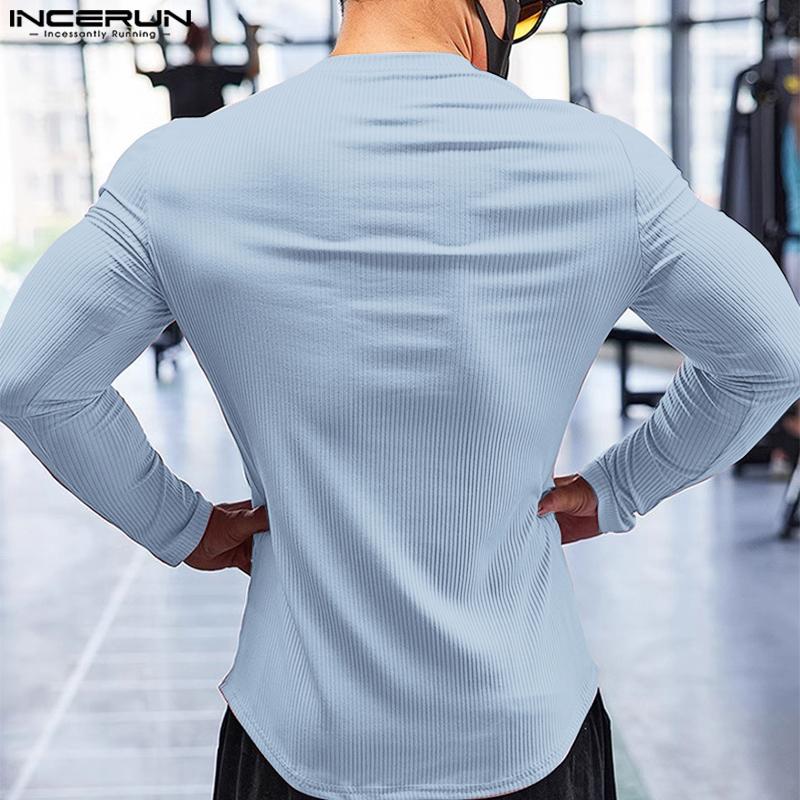 INCERUN Мужские повседневные облегающие топы с круглым вырезом и длинным рукавом в рубчик, футболки, майки