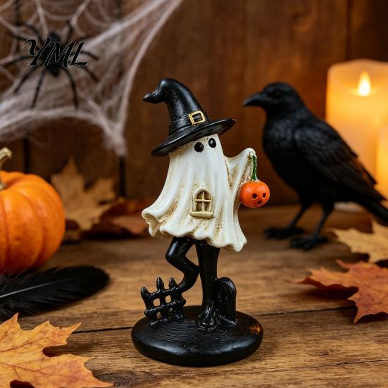 Hand Painted Resin Ghost Decor Halloween Figurine, Vintage Cute Holding Unique Gothic Room Accents Pumpkin Lantern Statue for Indoor Home Table