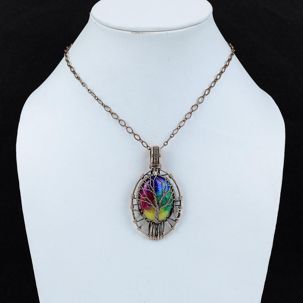 Древо Жизни Радуга Солнечная Кварц Друзы Подвеска Медная Проволока Обернутая Подвеска С Драгоценным Камнем Подвеска Ручной Работы Медная Проволока Обмотка Ювелирных Изделий Подарок Для Мамы