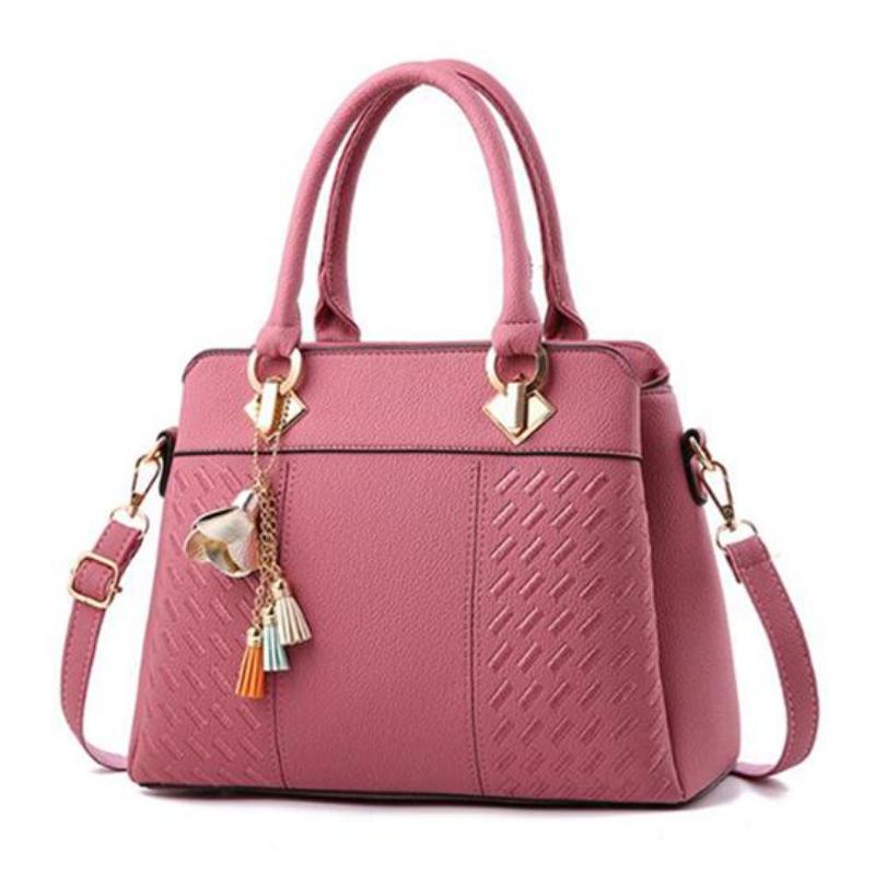 Women Tassel Leather Handbags Tote Top-handle Embroidery Shoulder Bag