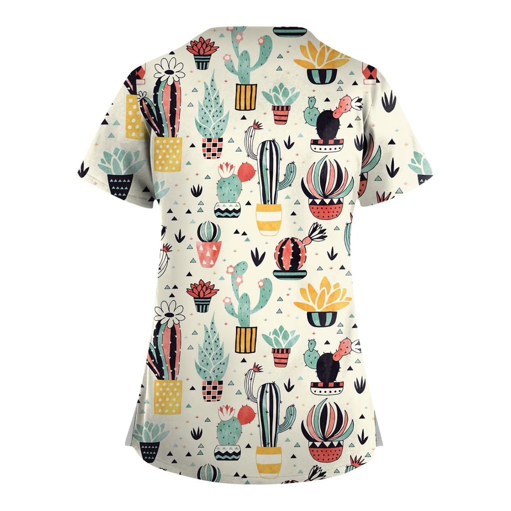 Плюс размер, милая рабочая форма с принтом, топы для женщин, забавные футболки с перекрестным v-образным вырезом и короткими рукавами, рабочая одежда, футболка с карманами