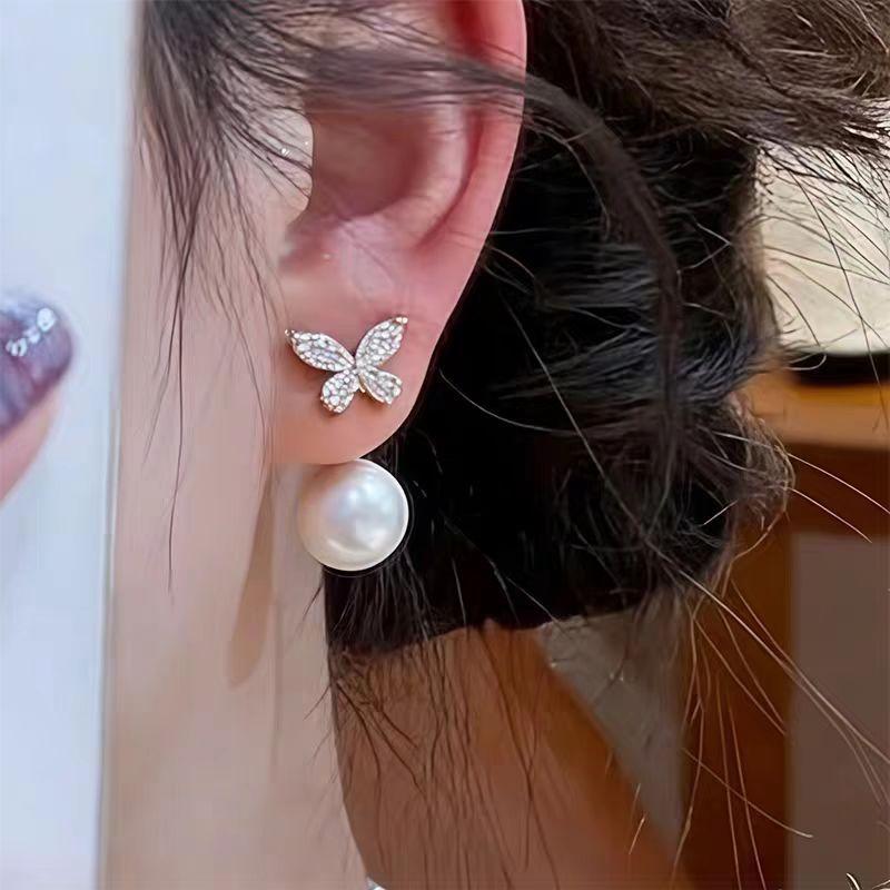 Light luxury full zirconium butterfly bead stud earrings 1011 new niche high-end earrings, a two-wear temperament ear jewelry