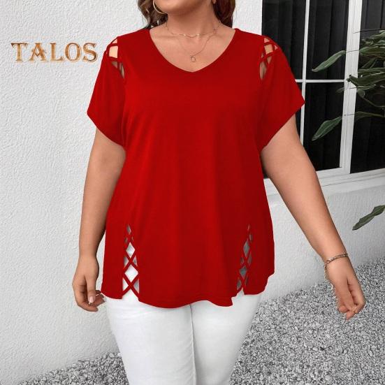 Женская летняя футболка с V-образным вырезом, коротким рукавом, однотонная, свободного кроя, повседневные топы с ажурным перекрестным дизайном